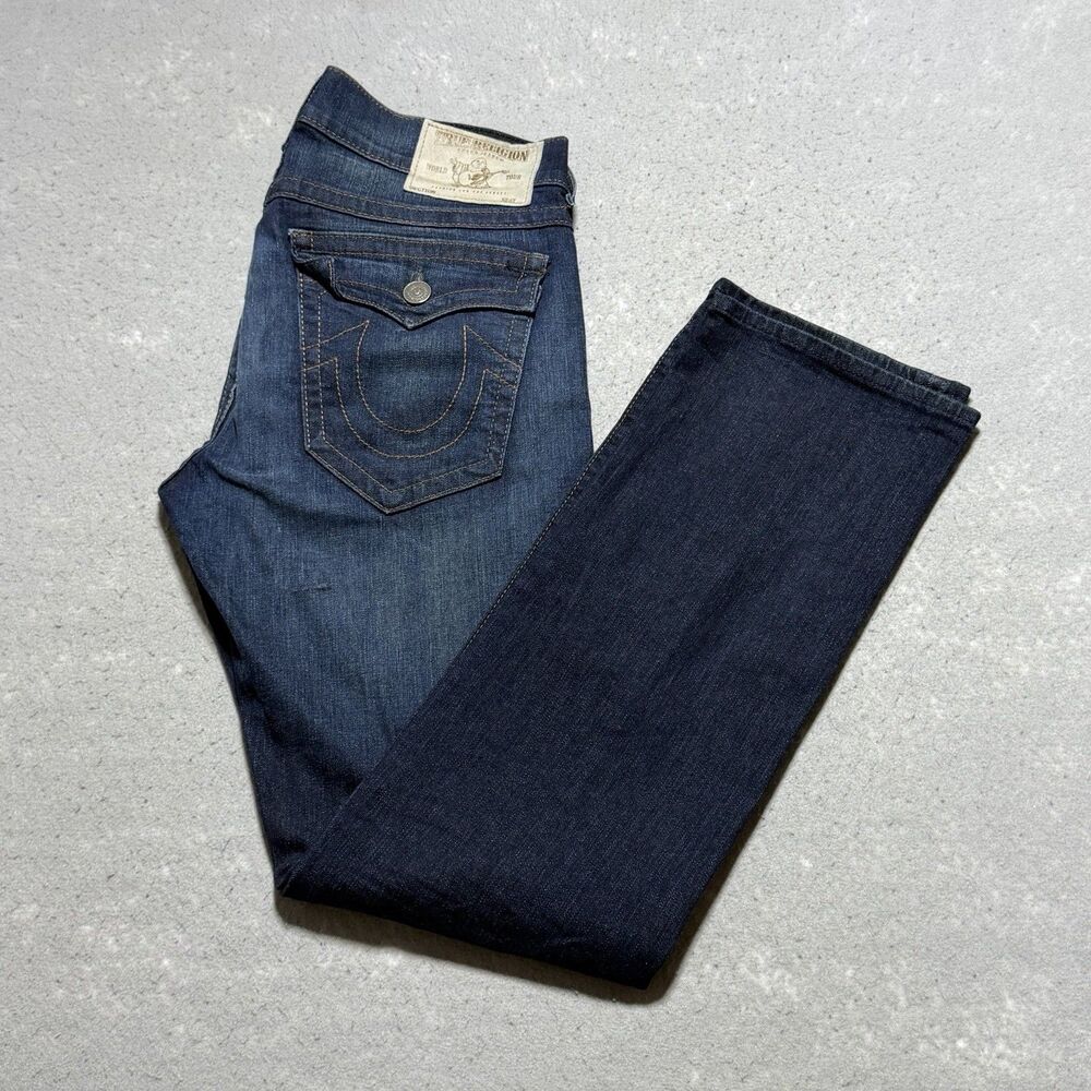 True Religion Ricky Relaxed Straight Jeans Size 34 Blue Pockets Cotton Blend